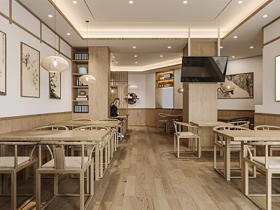 Spacious Open Restaurant Interior With Wooden Tables Chairs Pendant Lights Wall Decorations And TV 3d model