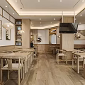 Spacious Open Restaurant Interior With Wooden Tables Chairs Pendant Lights Wall Decorations And TV
