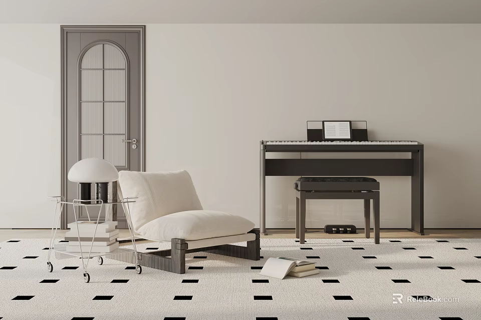 Stylish Room With Keyboard Piano And Cozy Furniture 3d model 