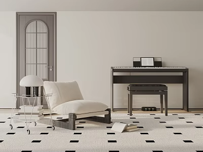 Stylish Room With Keyboard Piano And Cozy Furniture 3d model