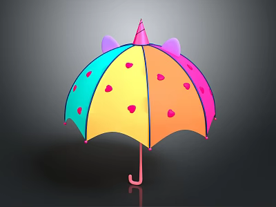 Colorful Unicorn Horn Umbrella with Purple Ears Pink Heart Patterns Gradient Canopy and Pink Handle 3d model