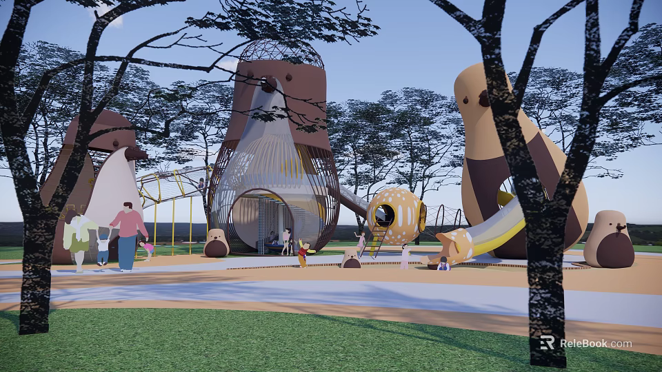 Vibrant Children's Playground With Trees Cartoon Structures Slide Climbing Tunnel And Kids Playing 3d model 