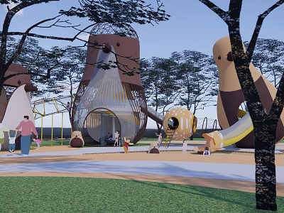 Vibrant Children's Playground With Trees Cartoon Structures Slide Climbing Tunnel And Kids Playing 3d model