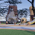 Vibrant Children's Playground With Trees Cartoon Structures Slide Climbing Tunnel And Kids Playing