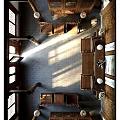 Chinese Style Reception Room With Wooden Furniture Carved Doors And Windows Lanterns Columns And Sunlight