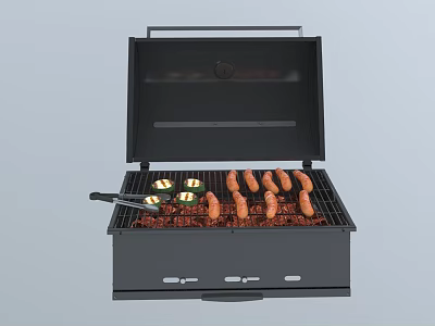 Black Outdoor Grill Kitchen Appliance With Sausages And Vegetables On Open Grate 3d model