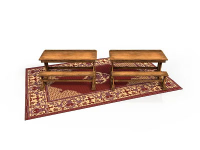 Two Wooden Benches Placed On Red Patterned Rug For Home Furniture 3d model