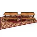Two Wooden Benches Placed On Red Patterned Rug For Home Furniture