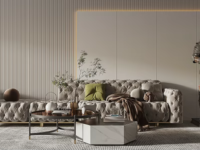 Velvet Grey Sectional Sofa with Green Beige Cushions Coffee Table Striped Wall and Floor Lamp 3d model