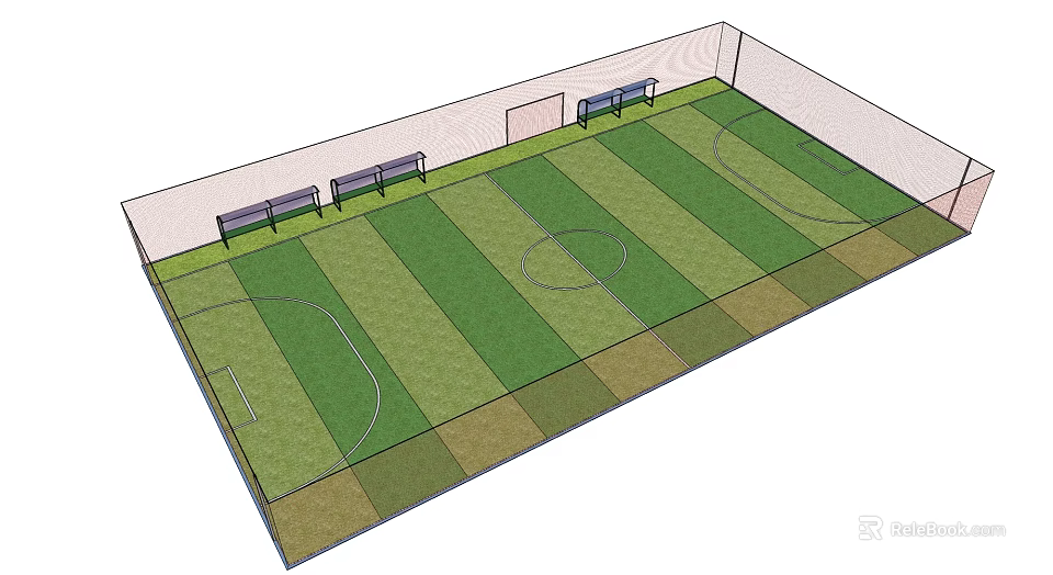 Standard Soccer Field With Green Grass Markings Goals And Side Benches 3d model 