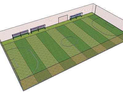 Standard Soccer Field With Green Grass Markings Goals And Side Benches 3d model
