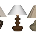 Three Unique Table Lamps With Carved Ceramic Wooden Bases And Pleated Linen Shades