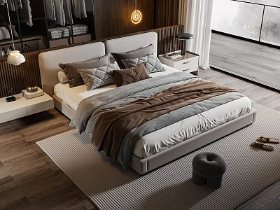 Modern Double Bed in Contemporary Bedroom with Bedside Tables Pillows Blankets and Area Rug 3d model
