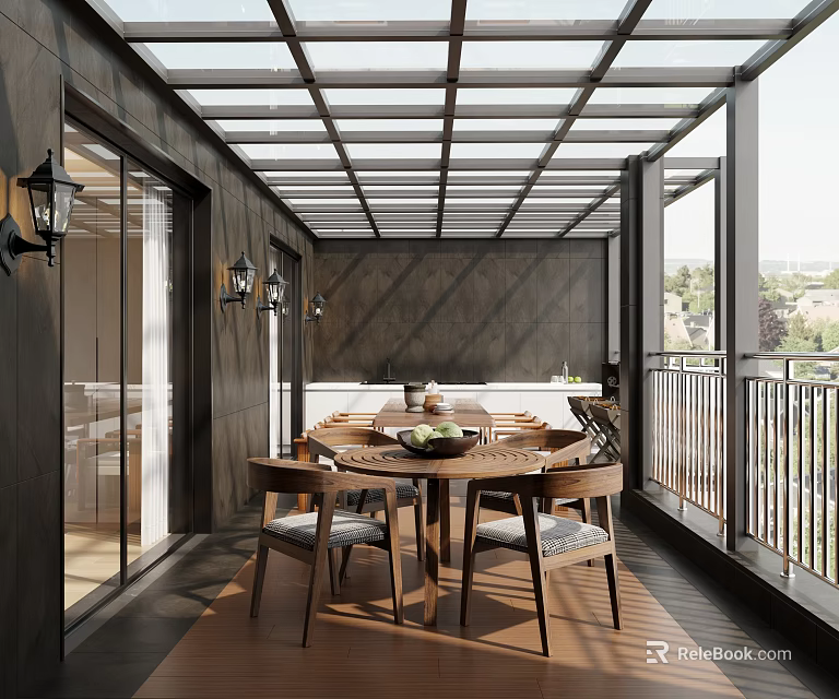 Modern Villa Balcony With Glass Roof Wooden Dining Set And Scenic View 3d model 
