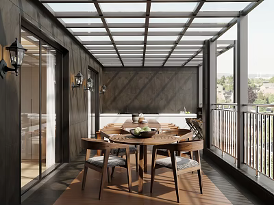 Modern Villa Balcony With Glass Roof Wooden Dining Set And Scenic View 3d model