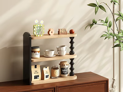 Multi Tiered Wooden Storage Shelf with Mugs Jars Decorative Items and Green Plant 3d model