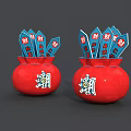 Two Red Jars With Chao Characters Filled With Blue Cards Featuring Cai Characters 3d model