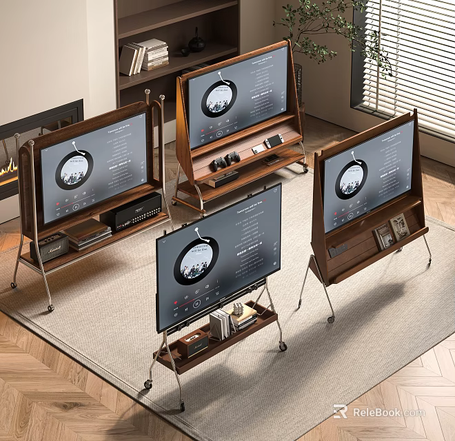 Modern Television Sets With Wooden Stands And Metal Legs In Living Room Interior 3d model 