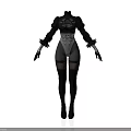 Woman Wearing Black Frilled Sleeve Top With Patterned Waist And Thigh High Socks