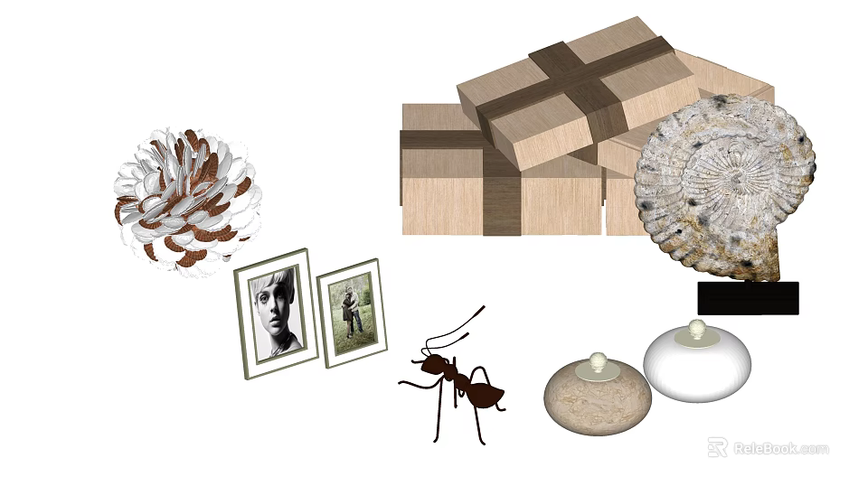 Decorative Ornament Set with Pine Cone Photo Frames Ant Figurine Wooden Boxes and Candle Holders 3d model 