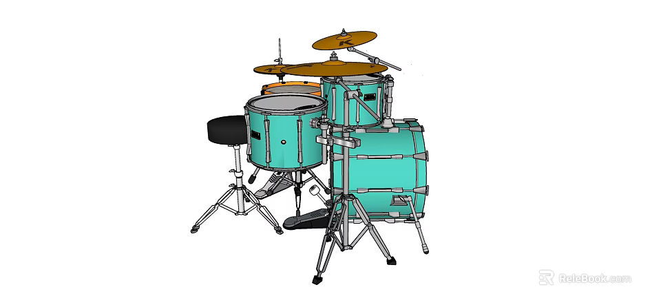 Vibrant Musical Instruments and Painting Tools Including Blue Drum Kit with Cymbals and Stool 3d model 