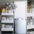 Stylish Bathroom Accessories With Organized Shelves Toiletries Decorative Flowers And Polka Dot Storage Bin