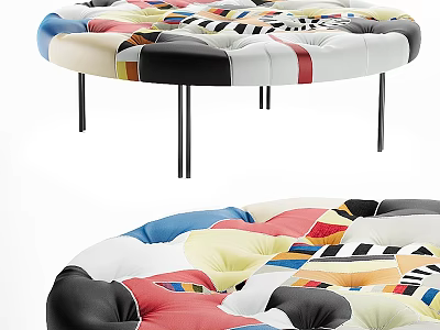 Stylish Round Sofa Stool With Colorful Patchwork Tufted Buttons And Metal Legs 3d model