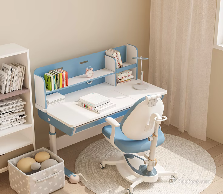 Blue And White Kids Study Desk Chair Set With Shelf Lamp And Bookshelf Rug 3d model 