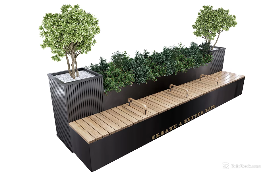 Outdoor Landscape Seating With Wooden Bench Green Plants Trees And Metal Frame Design 3d model 