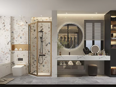 Modern Bathroom Interior Design With Glass Shower Enclosure Round Mirror And Marble Vanity 3d model
