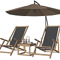 Two Wooden Frame Lounge Chairs With Black Seats And Side Table Under Umbrella