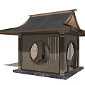 Traditional Chinese Pavilion With Wooden Structure Round Doorway And Stone Base