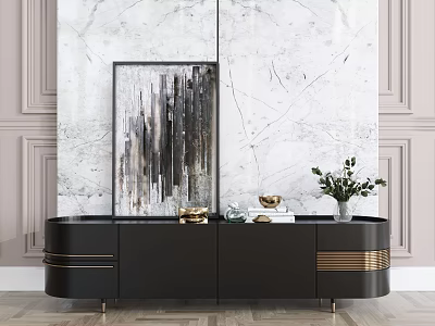 Modern Black TV Stand With Gold Accents And Decorative Items On Marble Wall 3d model
