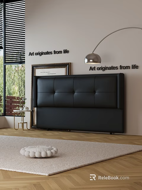 Modern Bedroom Interior With Black Leather Headboard Decorative Art And Window 3d model