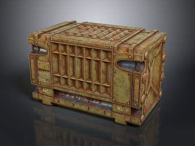 Vintage Style Storage Box With Rustic Yellowish Brown Finish And Metal Grid Design 3d model
