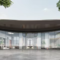 Curved Modern Building Facade With Glass Curtain Wall Green Foliage And Gray Stone Floor
