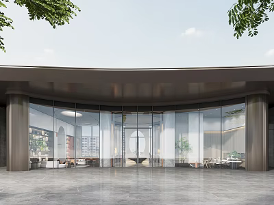 Curved Modern Building Facade With Glass Curtain Wall Green Foliage And Gray Stone Floor 3d model