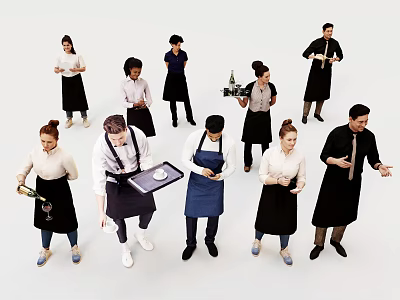 Group of People in Aprons and Uniforms Holding Trays and Wine Bottles 3d model