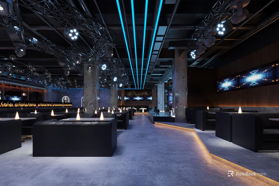 Modern Bar Interior Design With Stylish Lighting Fixtures And Comfortable Seating Areas 3d model 