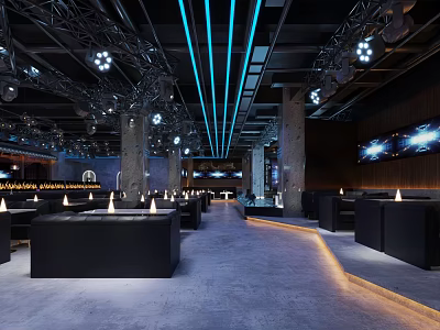 Modern Bar Interior Design With Stylish Lighting Fixtures And Comfortable Seating Areas 3d model