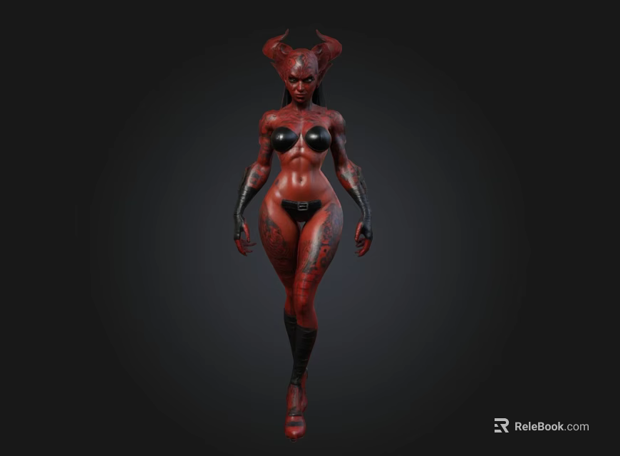 3D Demon Character Model With Red Skin Horns Black Attire And Standing Pose 3d model 