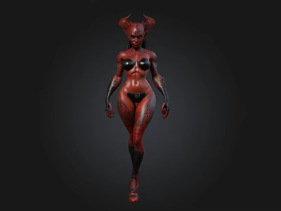 3D Demon Character Model With Red Skin Horns Black Attire And Standing Pose 3d model
