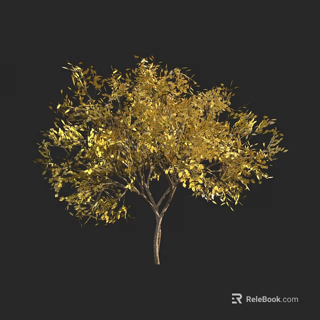 Golden Leaf Tree With Dense Foliage And Brown Trunk On Black Background 3d model