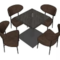 Modern Square Dining Table Set With Gray Marble Top Brown Upholstered Chairs Black Metal Legs