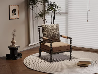Cozy Living Space Featuring Decorative Armchair Round Rug Wooden Floor And Artwork 3d model