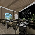 Elegant Warm Restaurant Interior With Wooden Ceiling Dining Tables Decorative Wall And Potted Plants