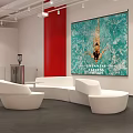 Modern Lobby Area With Red Reception Desk STAR Logo White Sofas And People Seating