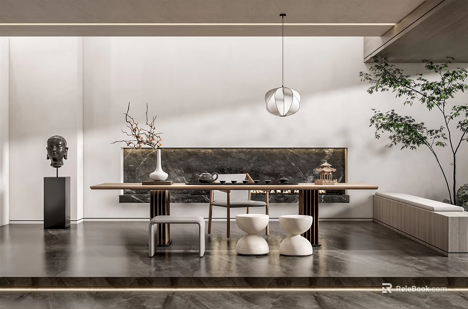 Elegant Tea Room Interior Design With Long Wooden Table White Stools And Pendant Light 3d model 