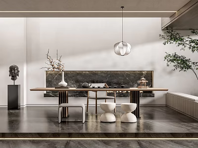 Elegant Tea Room Interior Design With Long Wooden Table White Stools And Pendant Light 3d model