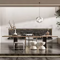 Elegant Tea Room Interior Design With Long Wooden Table White Stools And Pendant Light